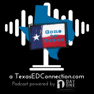 Gone to Texas Podcast Logo microphone and Texas with a Texas Flag