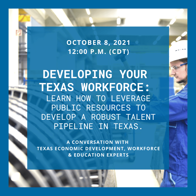 blue square with text about workforce webinar in Texas