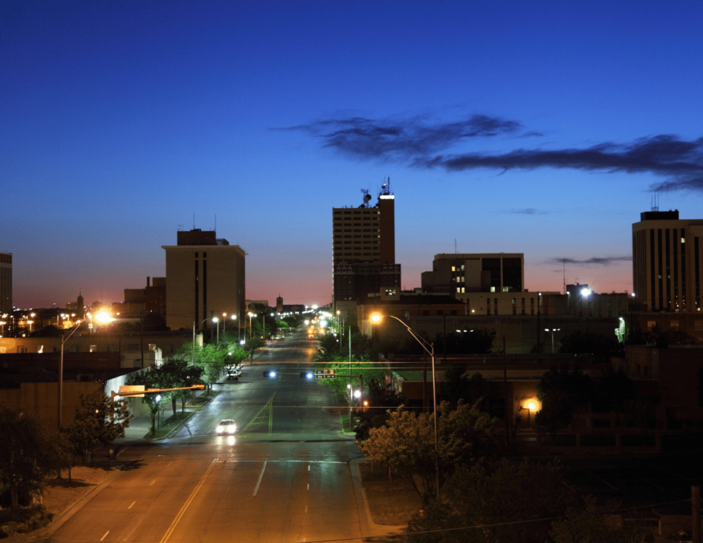 night shot of Lubbock Texas downtown