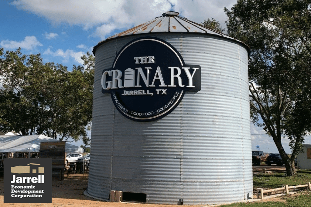 A large gran silo with a sign on it reading The Granary which received a small business grant