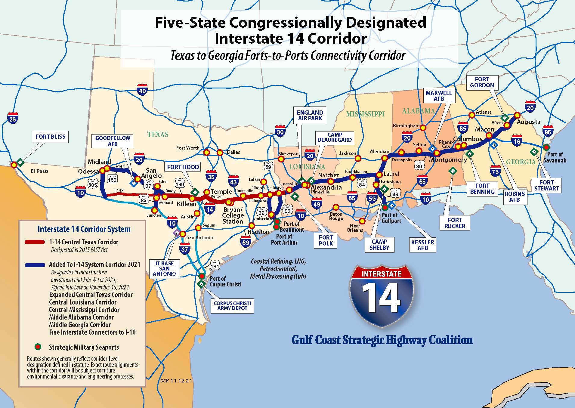 Map of Southeastern United States with I-14 in blue and red