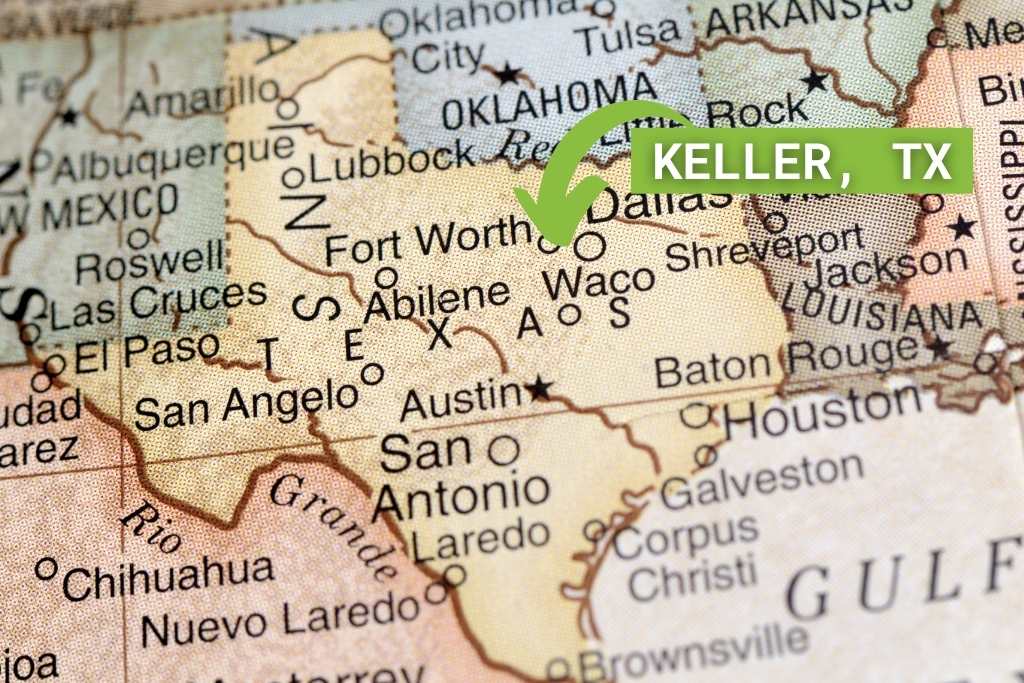 Texas Map with Keller, Texas in a green box with a green arrow pointing to the Metroplex region