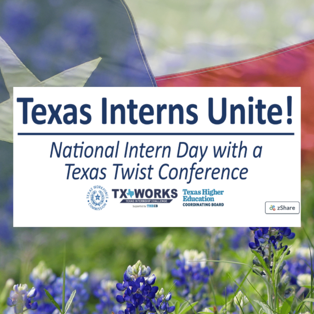 image of Texas flag and bluebonnets with information about Texas Interns event in Texas