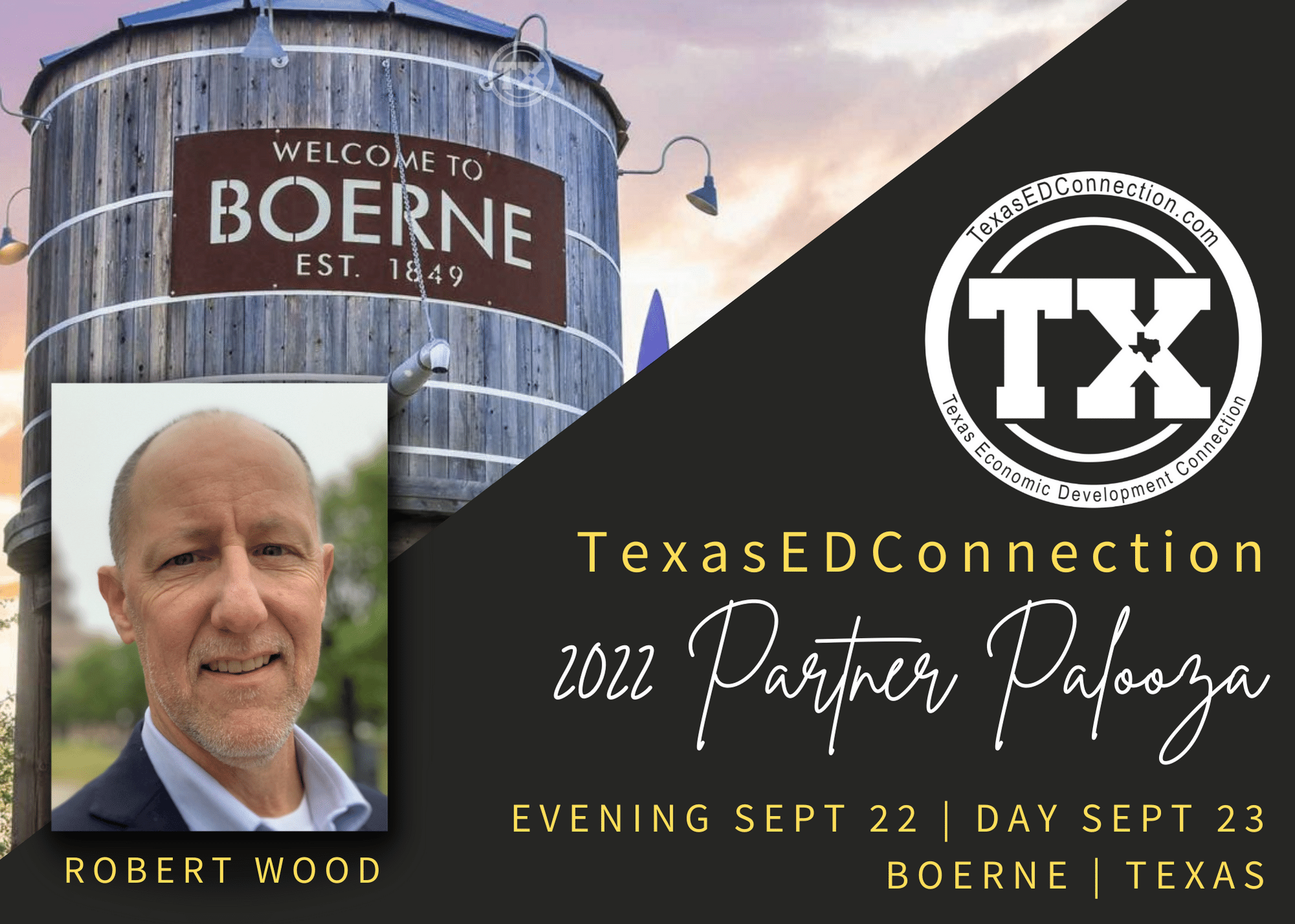Robert Wood McGuireWoods Consulting headshot and details about TexasEDConnection Partner Palooza Sep 22 and 23 in Boerne Texas