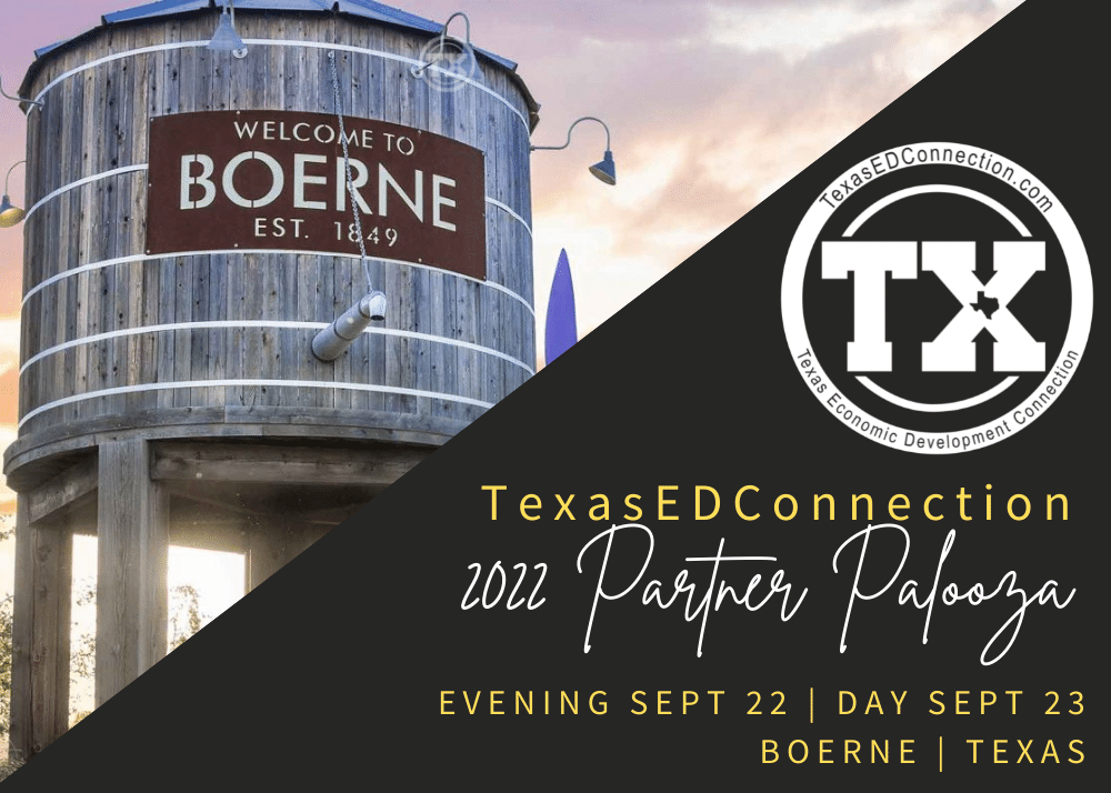 Boerne, TX old wooden water tower and TexasEDConnection Partner Palooza logo and meeting information