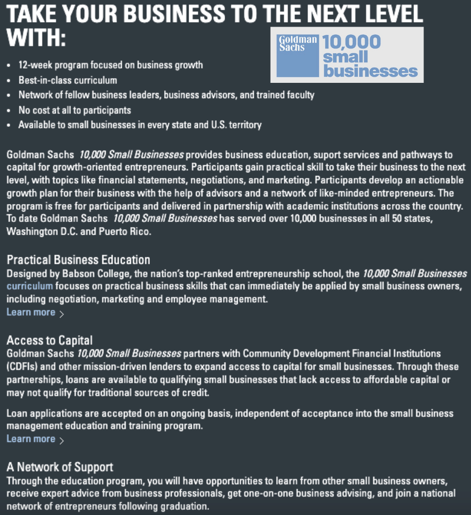 Information on Goldman Sachs 10ksb program and the 10,000 small businesses logo. 