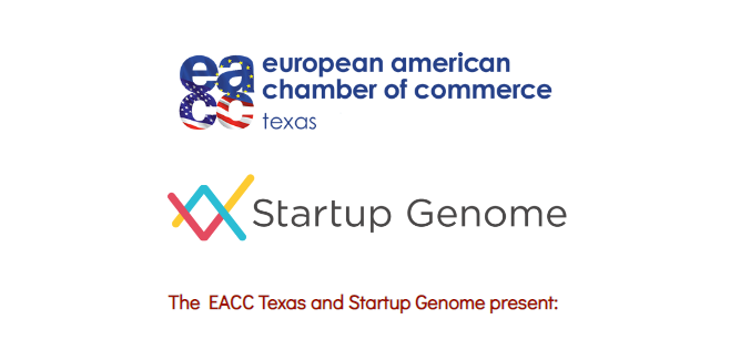 EACC logo and STartup Genome Logo with title of event Transatlantic Trends in European and Texas Startup Ecosystems