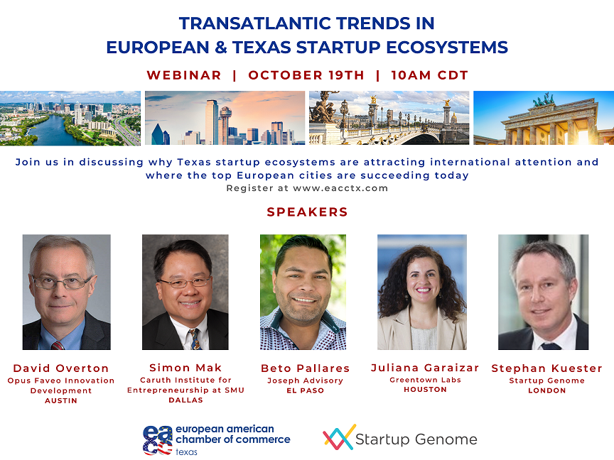 Transatlantic trends in european & Texas Startup Ecosystems Webinar on October 19th at 10 am. List of speakers with EACC logo and Startup Genome logo